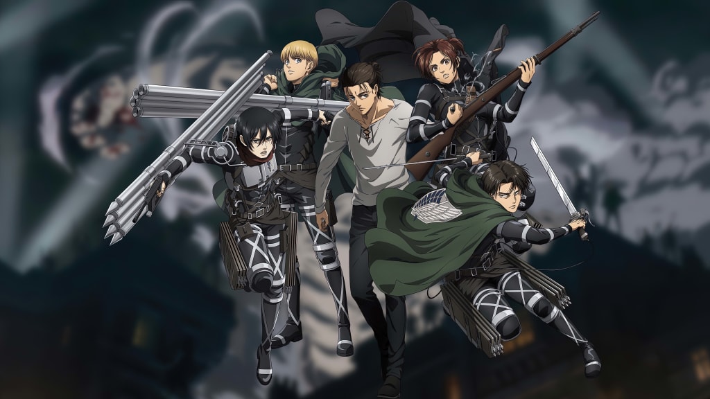 Anime characters in tactical gear armed with weapons, positioned in dynamic action poses against a dark stormy background
