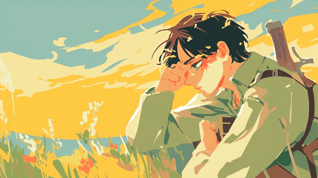 Eren Yeager stands in a golden field wearing green military uniform, holding a sword with determination under a bright yellow
