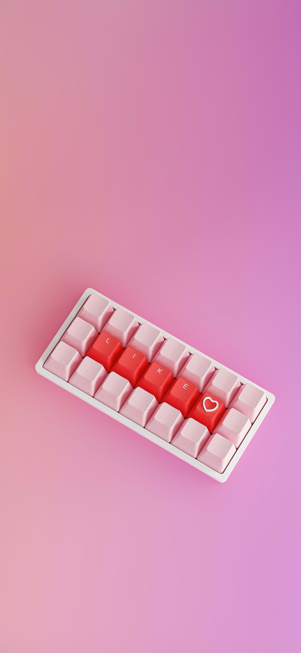 White mechanical keyboard with pink and red keys arranged on a gradient pink background, featuring a heart symbol key