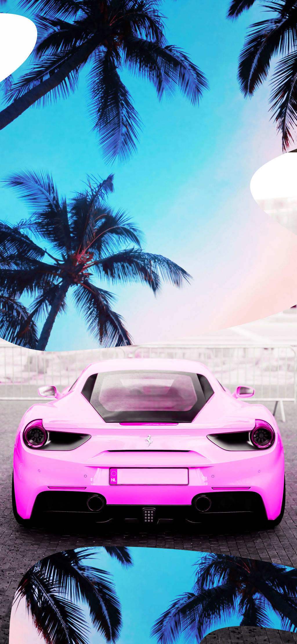Bright pink sports car parked on white platform with tropical palm trees and blue sky overhead