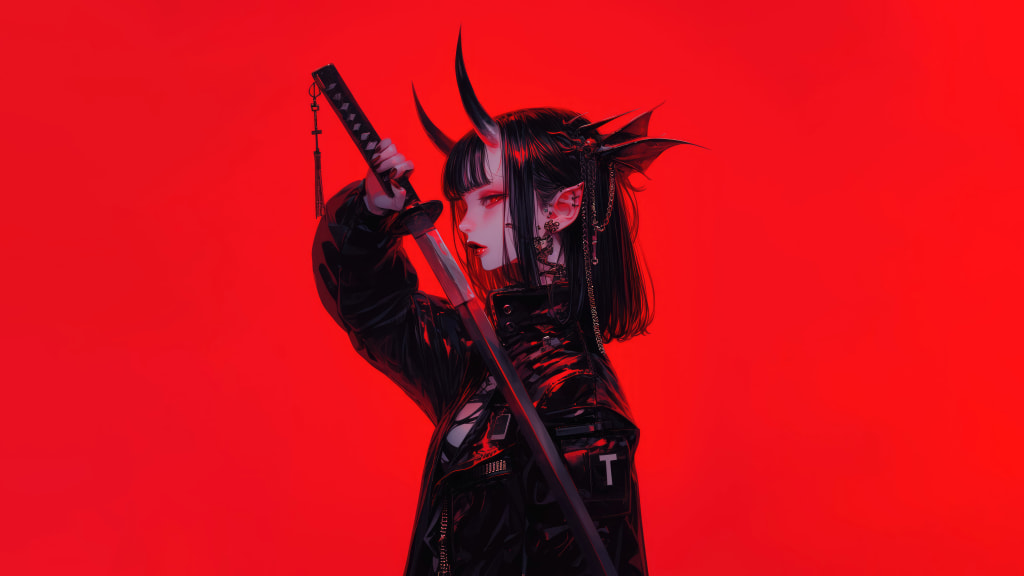 Dark anime girl with black horns and long hair holds a katana sword against vibrant red background