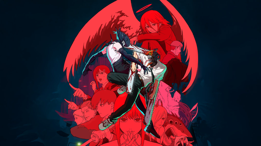 Anime character Denji with red wings and chainsaw, surrounded by intense action poses and dramatic red lighting against dark