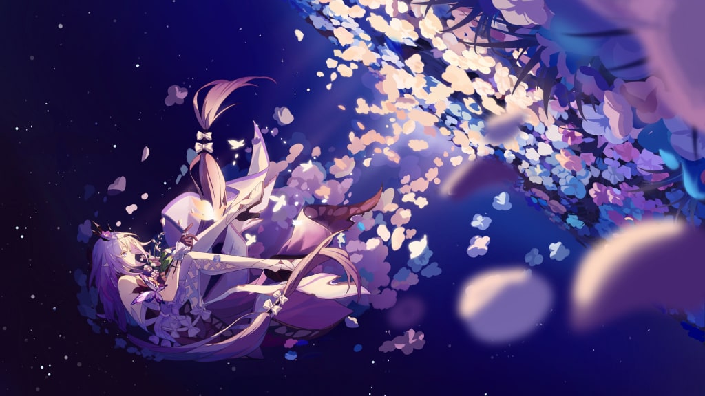 Ethereal anime character surrounded by glowing cherry blossoms in purple and blue tones against a dark starlit background