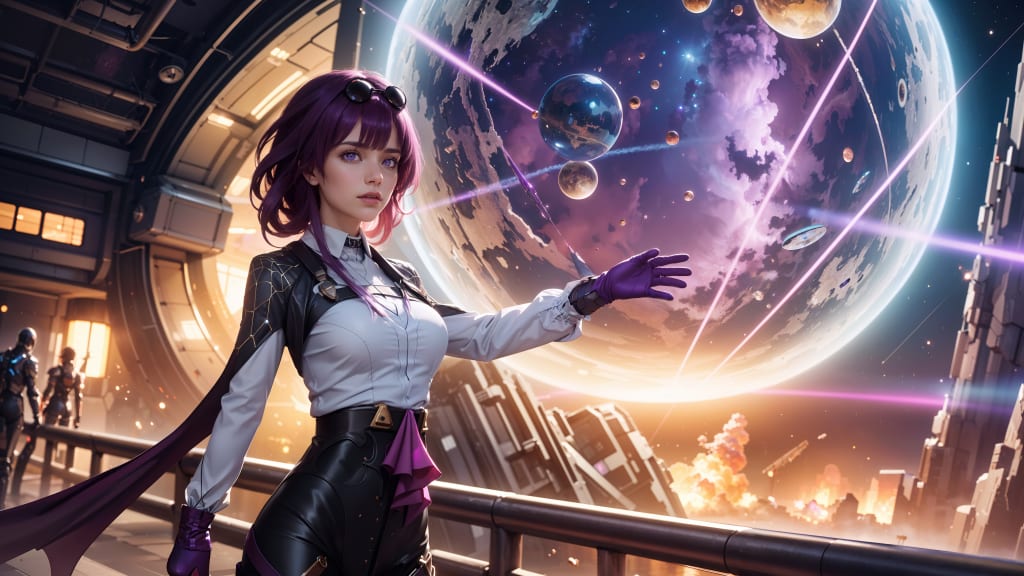 Anime character with purple hair in futuristic space station, commanding planetary systems with glowing neon energy and cosmi