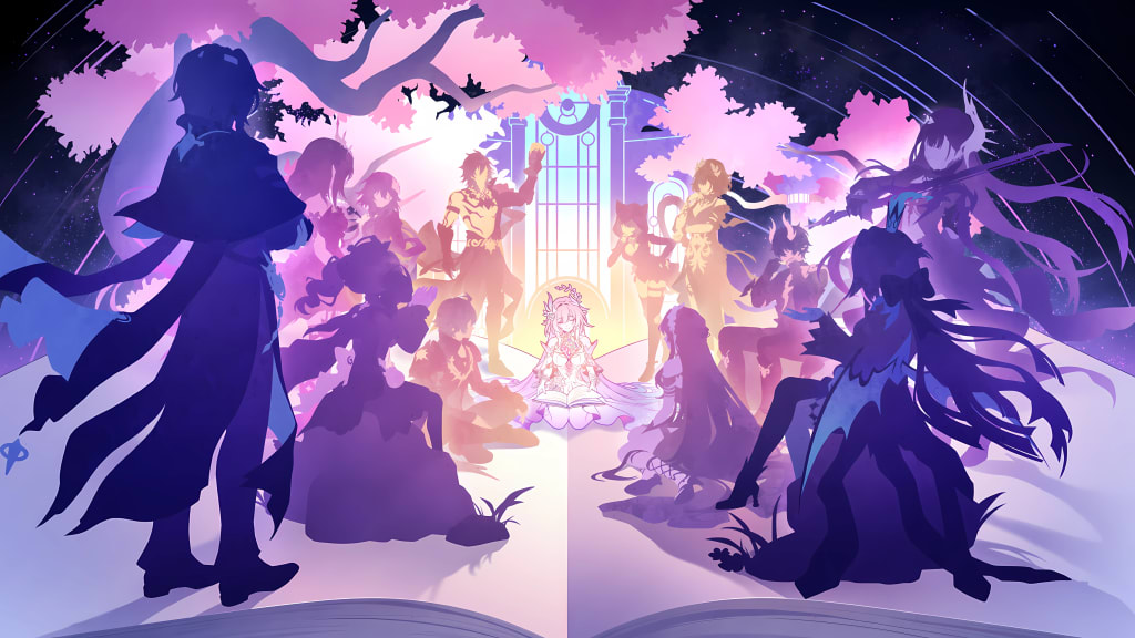 Anime characters from Honkai Star Rail gathered around a glowing central figure in a celestial palace with pink and purple et