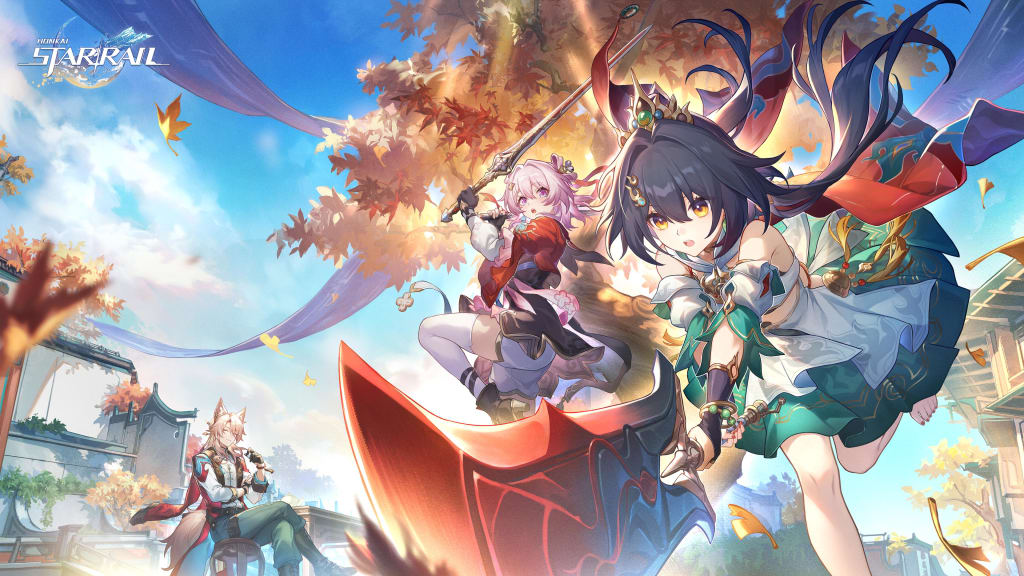 Anime characters in dynamic action poses with flowing ribbons and autumn leaves against a bright blue sky with Asian architec