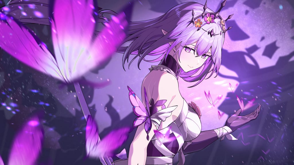 Anime character with lavender hair wearing dark outfit, surrounded by glowing purple flowers and magical particles in etherea