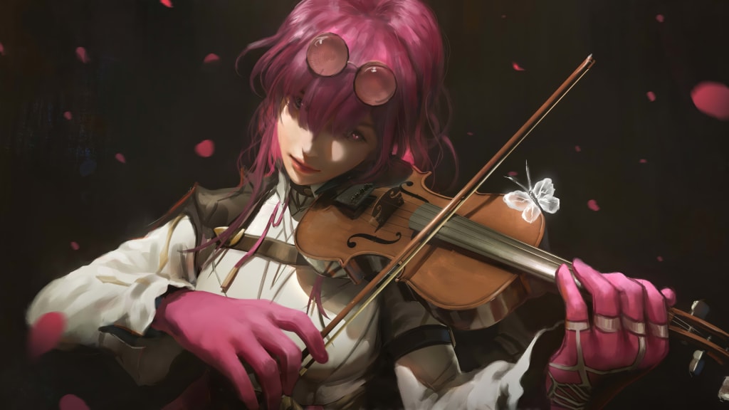 Anime character with vibrant pink hair and round goggles playing a wooden violin, wearing elegant white and pink attire with