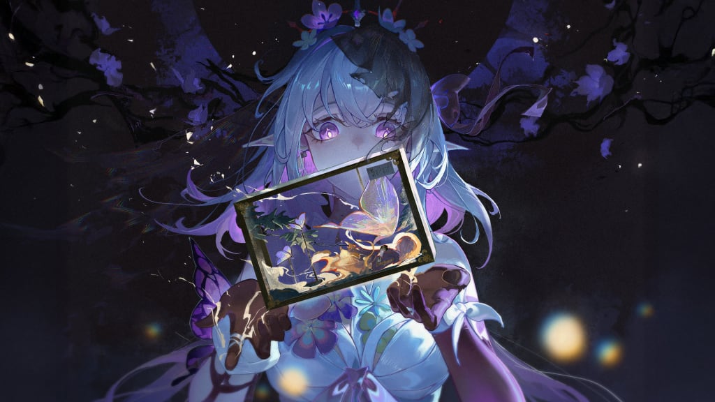 Anime girl with silver hair and pink eyes holds an ornate mirror reflecting magical scenes, surrounded by glowing purple flow