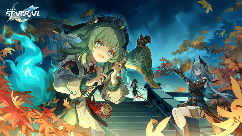 Anime characters in combat gear surrounded by glowing cyan energy and falling autumn leaves in a fantasy landscape setting