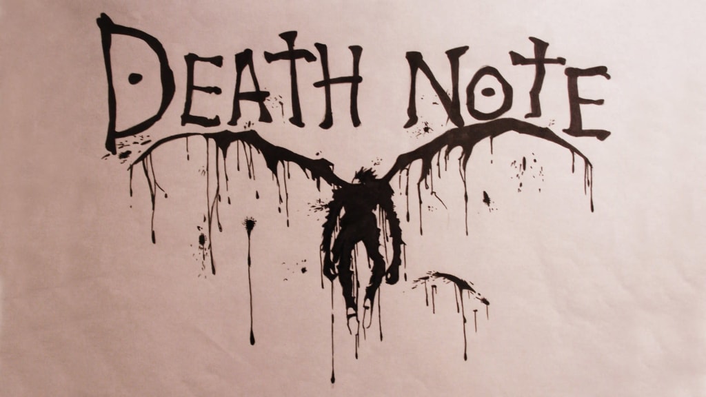 Death Note title with dark silhouette figure and dripping ink effect on pale background, gothic anime aesthetic