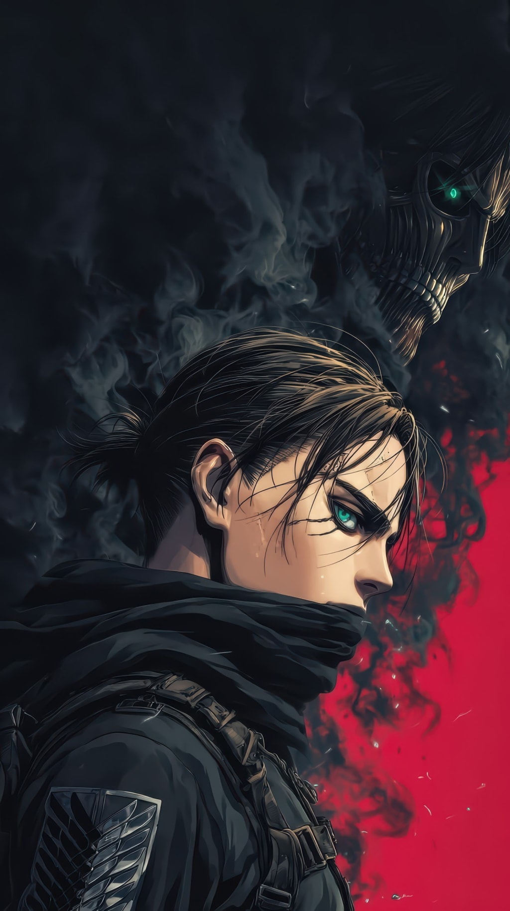 Levi Ackerman in profile with dark hair, intense eyes, wearing tactical gear against a dramatic red and black smoky backgroun