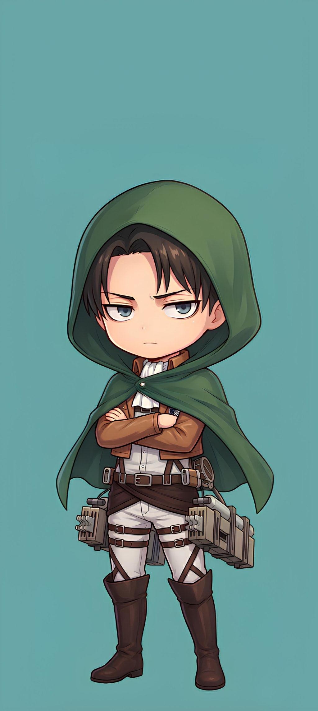 Chibi-style anime character Levi Ackerman wearing green cloak and military gear with crossed arms against turquoise backgroun