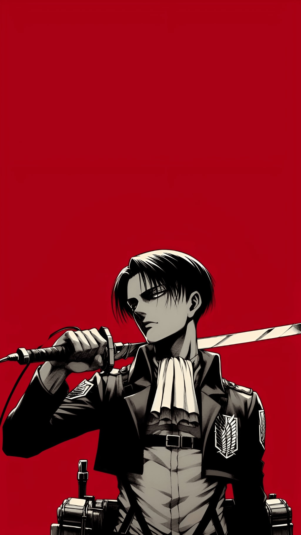 Anime character Levi Ackerman in military uniform holding a sword, illustrated in black and white against a vibrant red backg