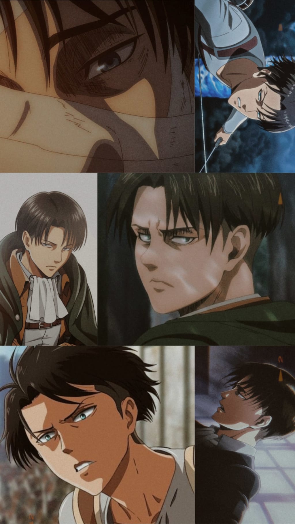 Four panels showcasing Levi Ackerman with varying intense expressions, displaying his serious demeanor and characteristic dar