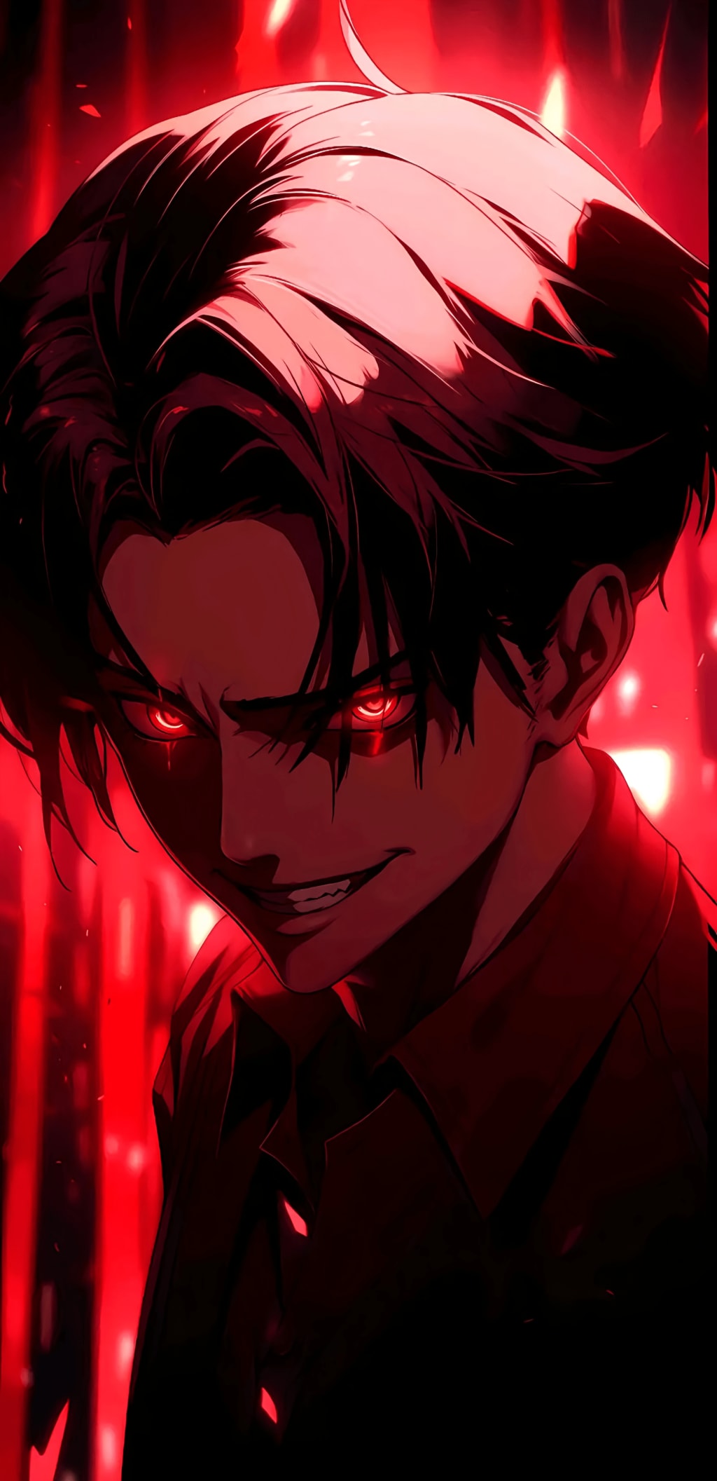 Anime character Levi Ackerman with glowing red eyes and dark hair, surrounded by intense red lighting and glowing effects aga