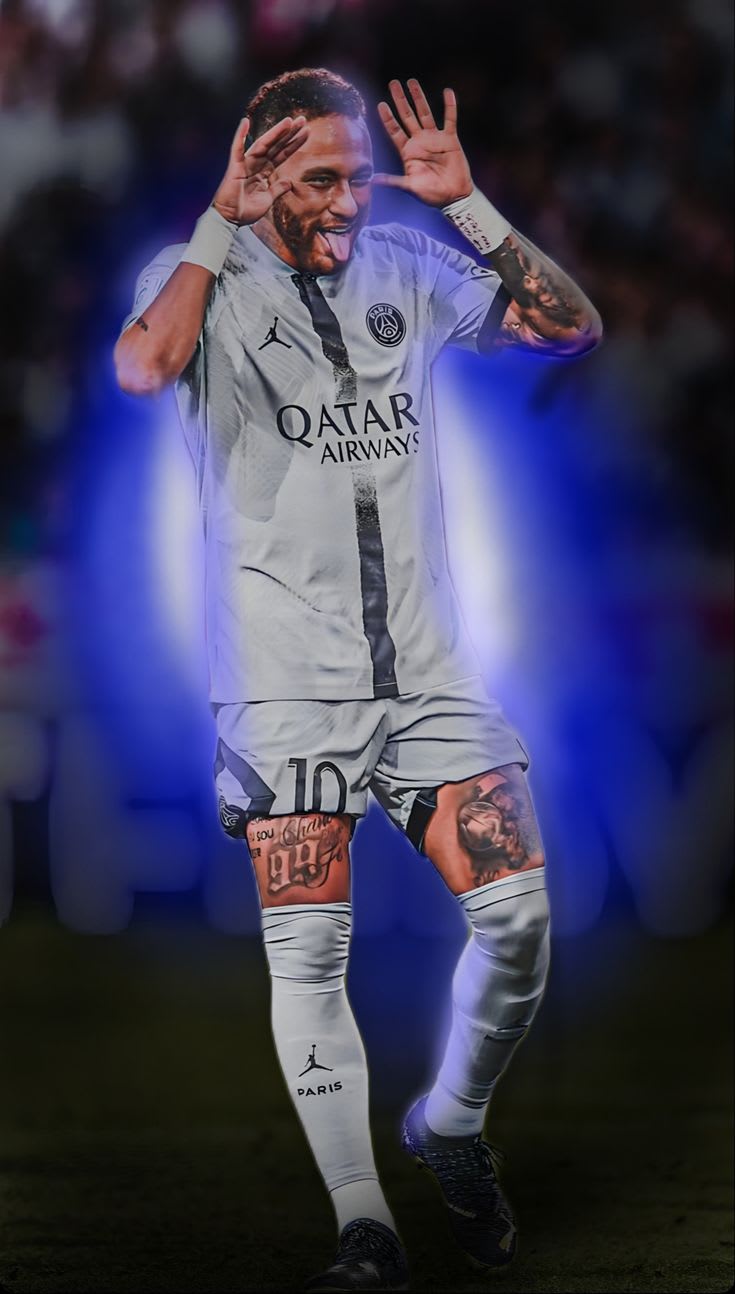 Professional footballer in white jersey with Qatar Airways sponsorship, wearing number 10, celebrating with raised hands unde