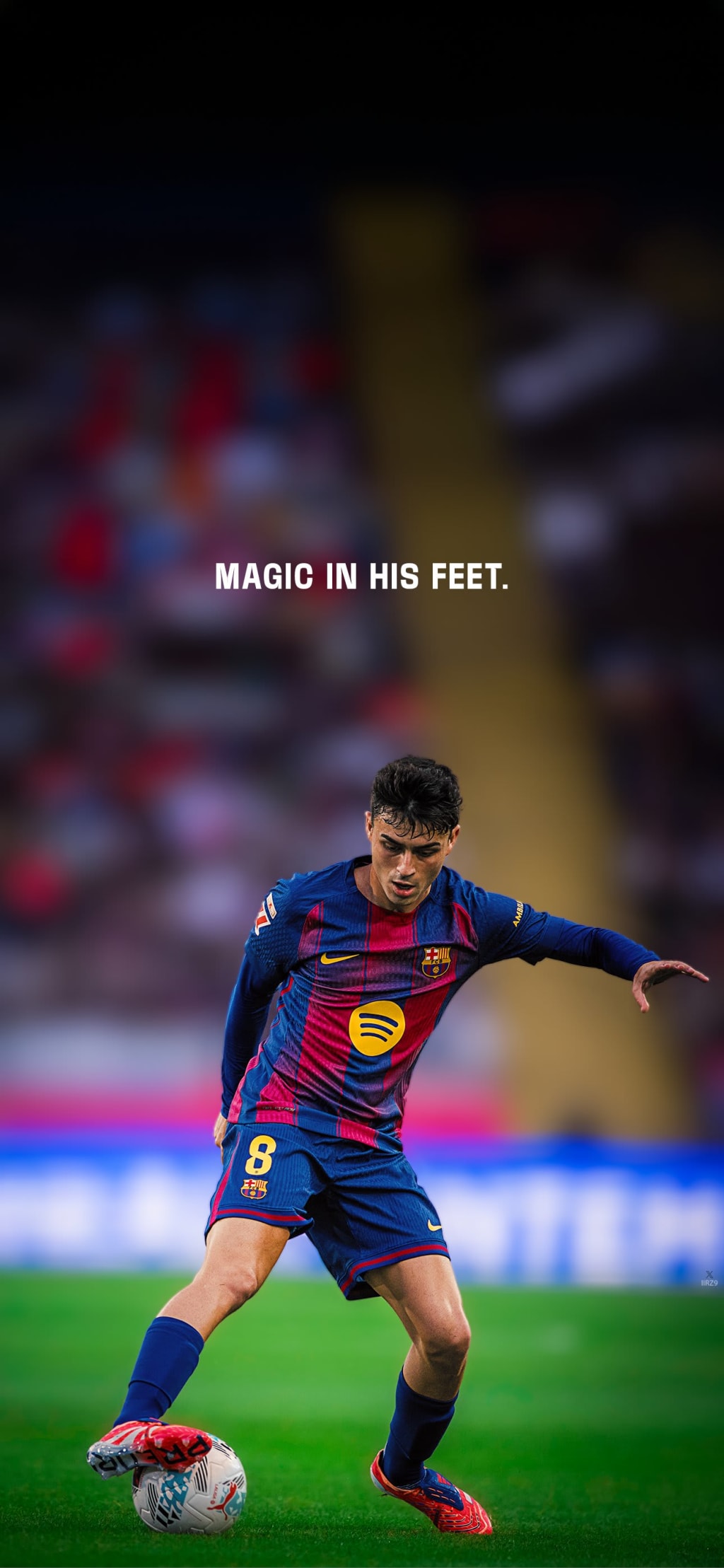 Professional footballer Neymar Jr in FC Barcelona kit controlling ball on field with focused expression and dynamic playing s