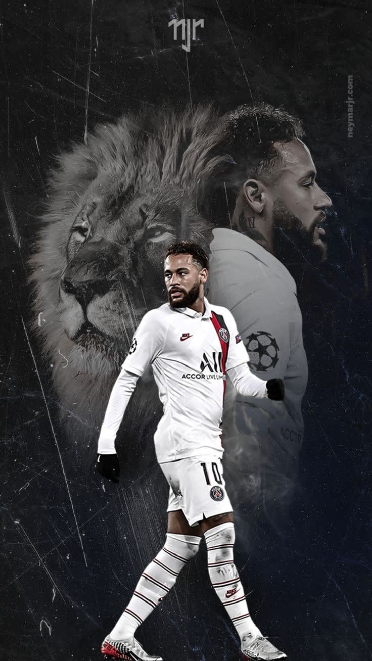 Professional football player in white PSJ jersey positioned against lion imagery and grayscale portrait backdrop with artisti