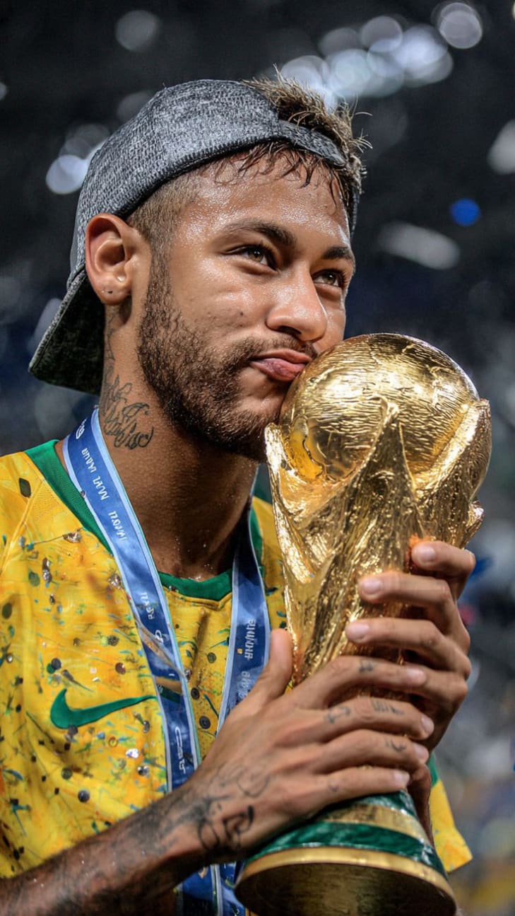 Professional footballer in yellow and green kit holding golden trophy with medal around neck, celebrating victory with determ