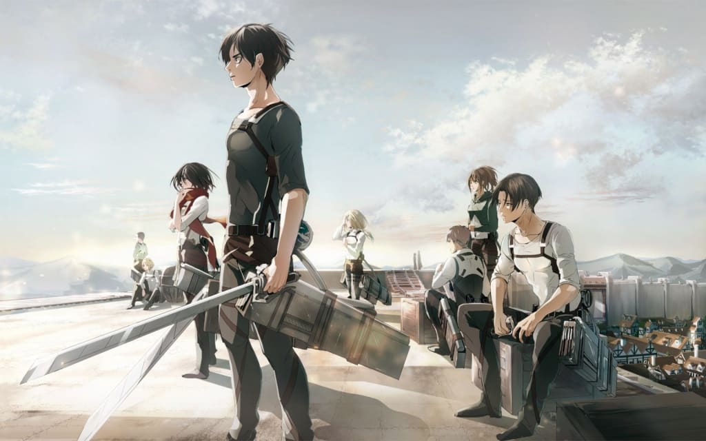 Anime character Levi Ackerman stands with sword on rooftop overlooking cityscape, surrounded by squad members in tactical gea
