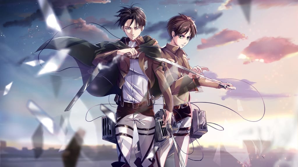Two anime soldiers in tactical gear wielding blades against a dramatic sunset sky with ethereal light effects and clouds