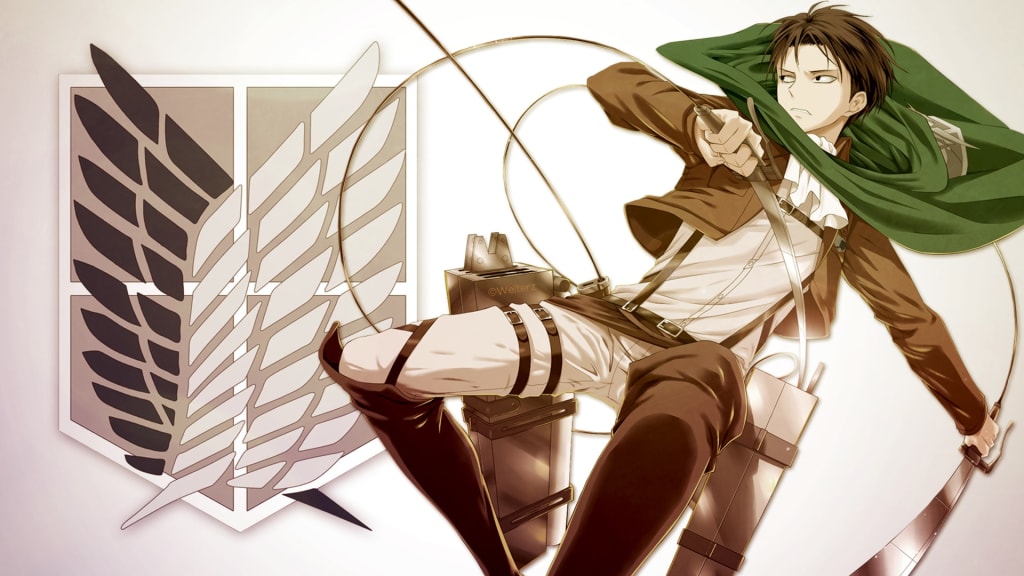 Anime character Levi Ackerman in tactical brown military gear with green cape, wielding ODM gear cables in dynamic combat-rea