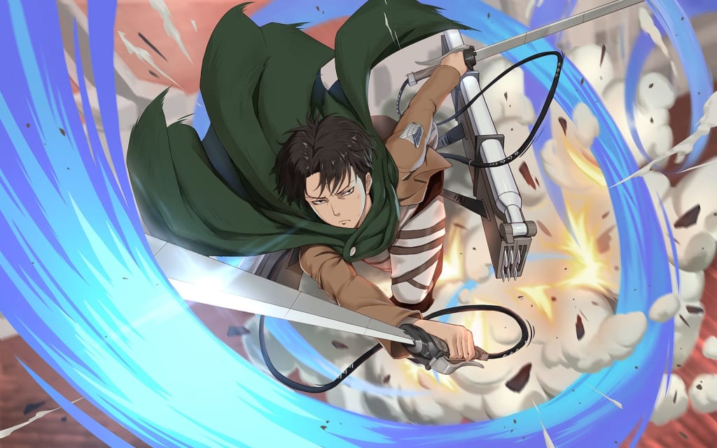 Anime character Levi Ackerman in green cloak wielding dual blades with blue energy effects and dynamic motion around him