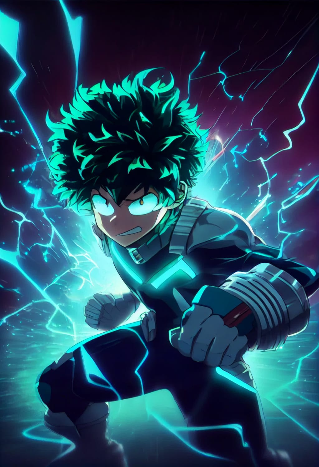 Anime character with spiky green hair surrounded by glowing cyan lightning and electrical energy effects against a dark purpl