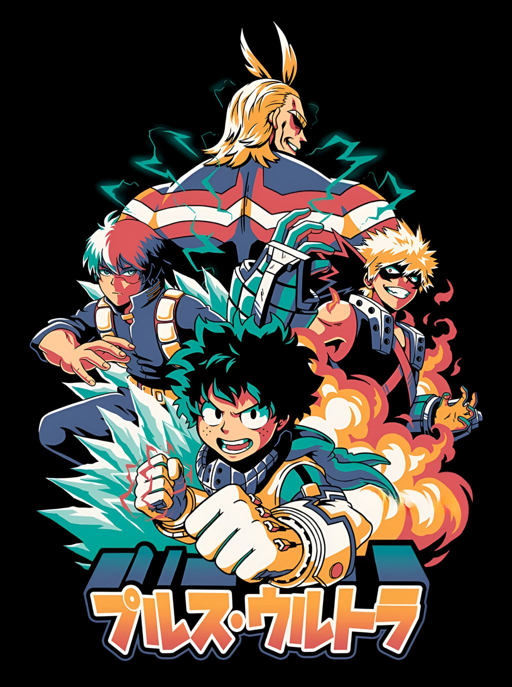 Anime characters in colorful hero costumes with dynamic energy effects and Japanese text on black background