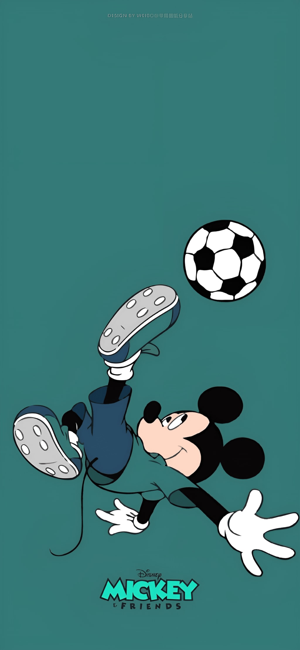 Mickey Mouse kicking a soccer ball with dynamic pose against teal background, Disney classic character sports illustration