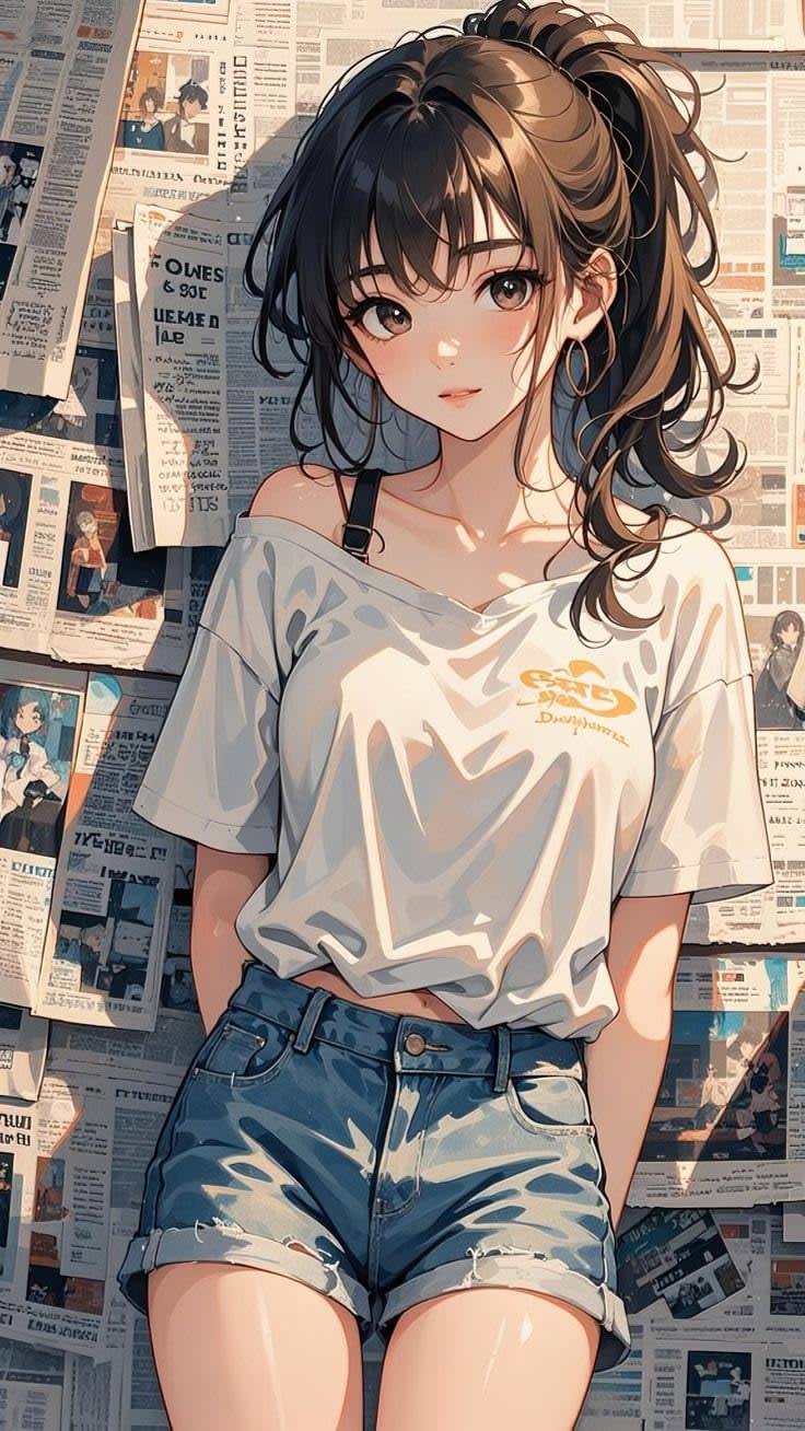 Anime girl with wavy brown hair wearing casual white t-shirt and denim shorts, posed against vintage newspaper collage backgr
