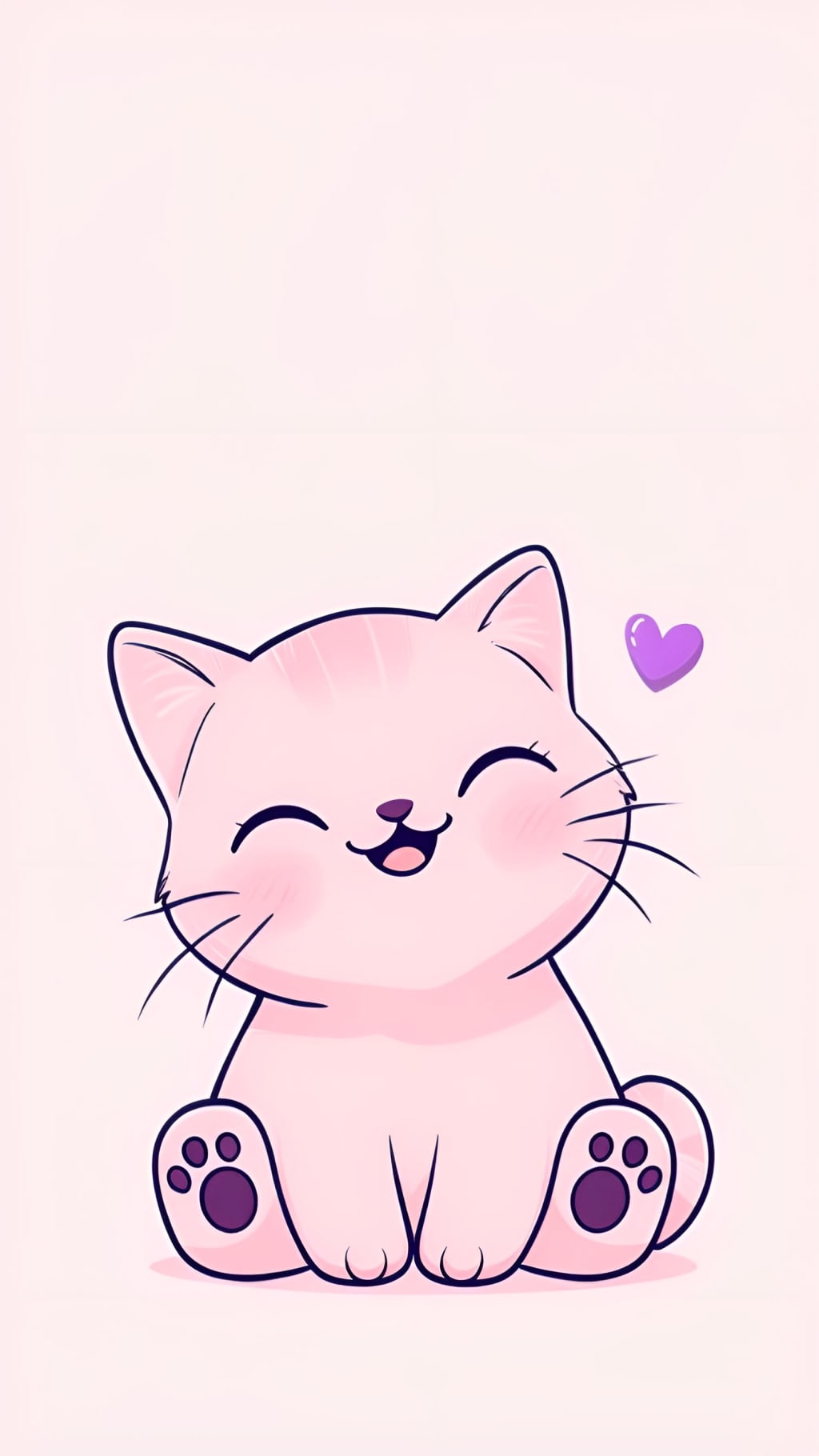Cute pink cat with closed eyes smiling, purple heart floating above, sitting with paws visible against soft pink background