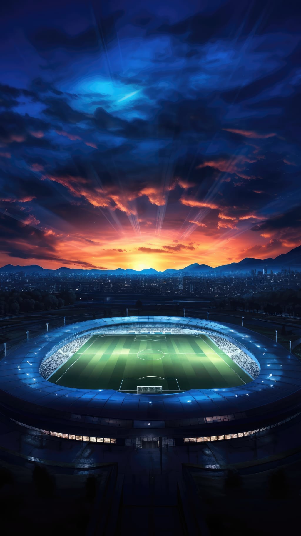 Illuminated FIFA World Cup stadium with glowing green field under dramatic sunset sky with golden and blue clouds over city s