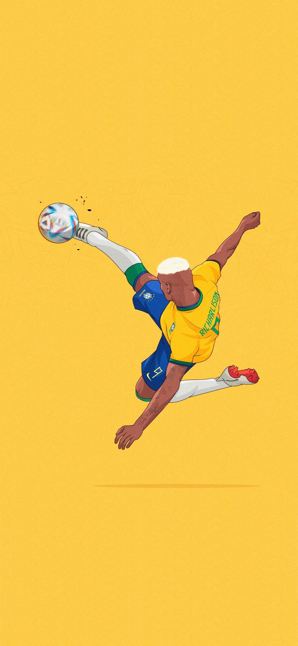 Dynamic illustration of a soccer player in yellow and blue uniform performing an acrobatic bicycle kick against a vibrant yel