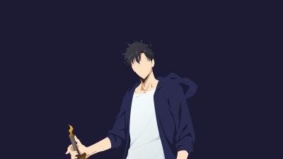 Anime character Sung Jinwoo standing against dark background, wearing dark jacket and white shirt, holding a glowing dagger
