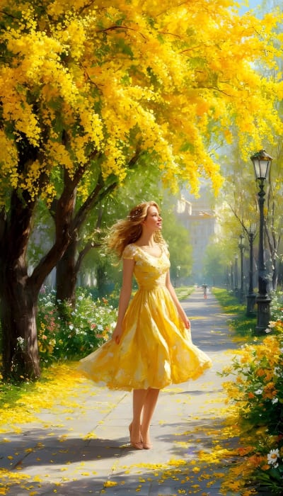 Woman in yellow dress standing on tree-lined path beneath blooming golden flowers with falling petals in sunlight