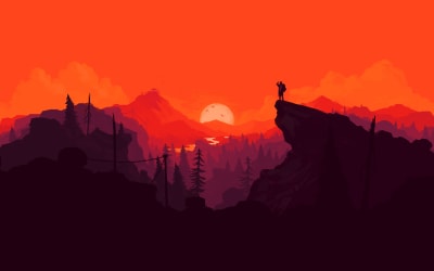 Silhouetted figure standing on rocky cliff overlooking layered mountains and forest with large setting sun in vibrant orange