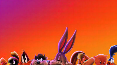Colorful cartoon characters with exaggerated features lined up against a vibrant purple to orange gradient background