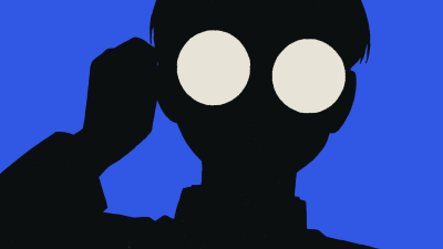 Black silhouette figure with large white circular eyes against vibrant blue background, minimalist artistic style