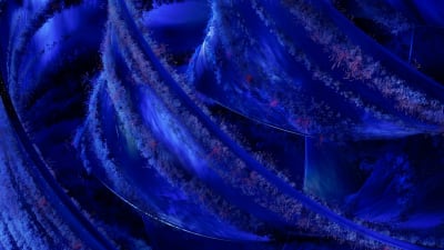 Abstract close-up of frost-covered branches with deep blue tones and crystalline textures creating intricate patterns and flo