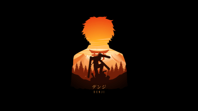 Silhouette portrait of Denji with orange gradient hair, overlaid with forest and sunset landscape scenery against black backg