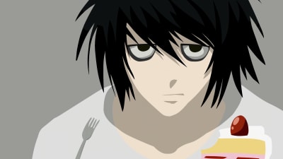 Anime character with black spiky hair and pale complexion wearing white shirt, holding fork near dessert with red fruit on gr
