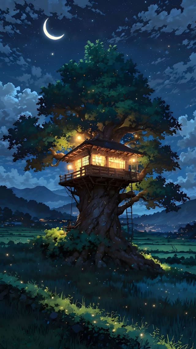 Enchanted Treehouse Under Moonlit Sky