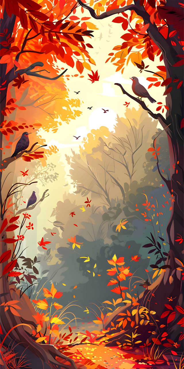 Autumn Forest Birds And Falling Leaves