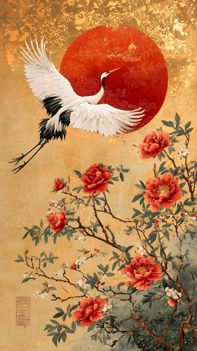 White Crane Red Sun Flowers