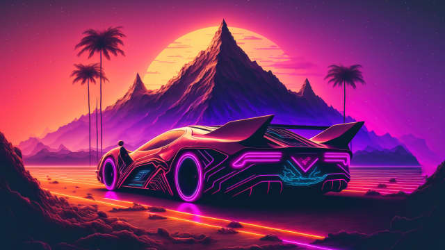 Neon Futuristic Car Mountain Landscape