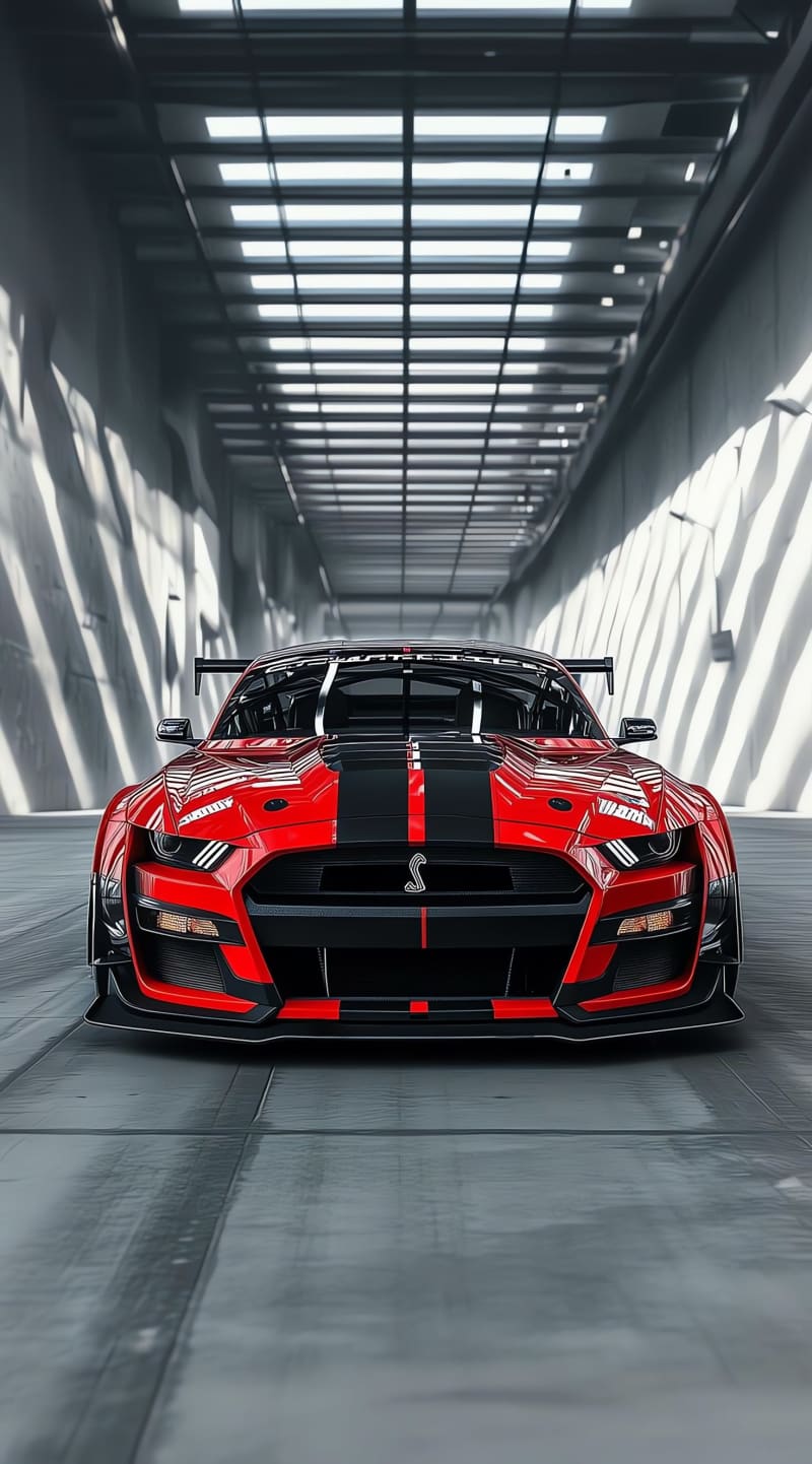 Red Shelby Mustang in Modern Garage