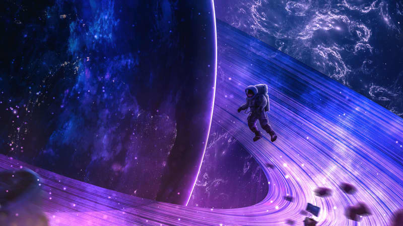 Astronaut Exploring Neon Space Worlds