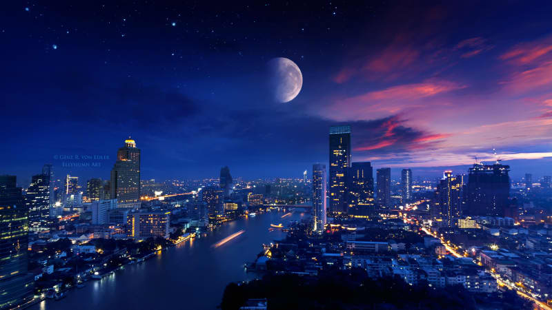 Moonlit City Skyline at Twilight